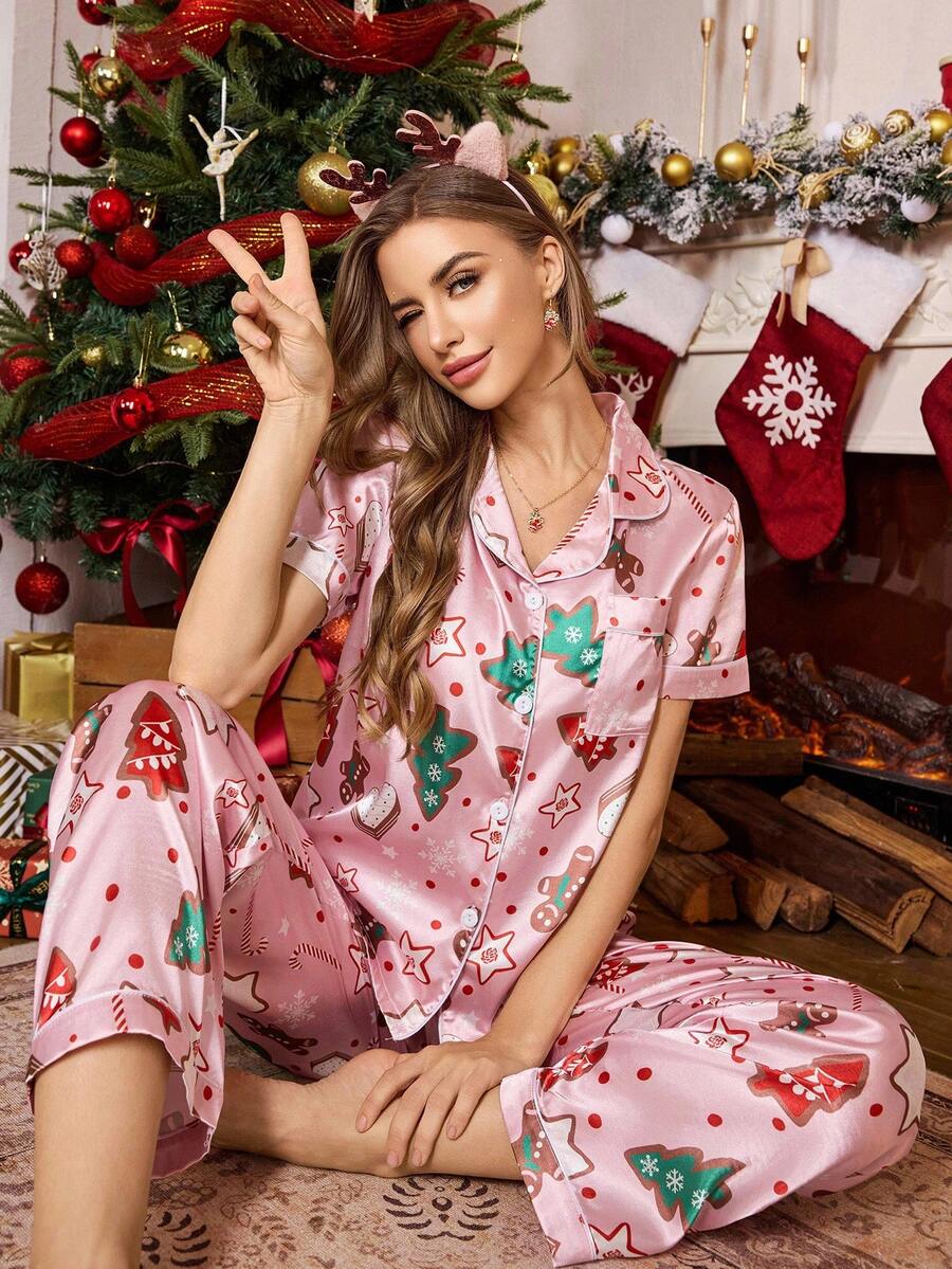 ZzzCrew 圣诞元素印花纽扣前短袖和裤子缎面女士粉色睡衣套装 - 粉色 - 查看 1