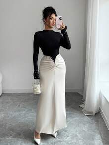 Selianne Elegantes, damenhaftes Maxikleid mit Perlenverzierung und plissierter Taille, raffiniertes und stilvolles einfarbiges Design, geeignet für Geburtstagsfeiern, formelle Anlässe, Dates, Langarm Maxikleid - Schwarz - Übersicht 3