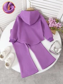 Genkimix Kids 2 件/套女孩紫色连帽衫，带尾巴设计和喇叭裤，纯色，补丁装饰，适合家庭聚会、郊游、返校、春秋季 - 紫色 - 查看 2