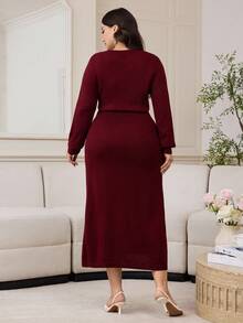 Modelyn Váy len cổ khoét lỗ trang trí nơ thanh lịch cỡ lớn, mùa thu/đông - Màu Đỏ Sâu - Xem 2