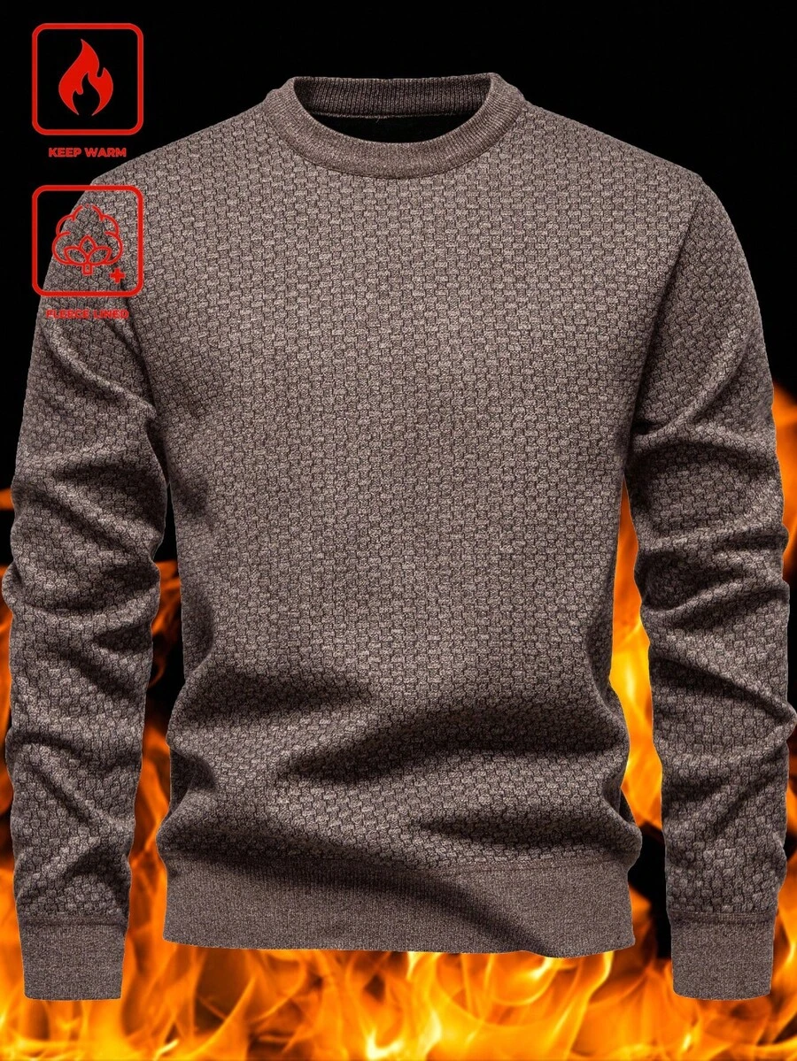 Manfinity Homme Men's Thermal Lined Knitted Sweater, Lightweight Top For Autumn, Old Money, Long Sleeve Top - Mocha Brown - View 1