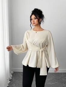 Elenzga Áo cánh mùa thu buộc eo trơn dệt thanh lịch Plus - Màu be - Xem 6