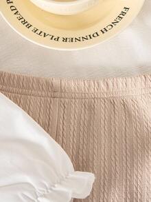 2 件套女婴秋季新款服装，翻领长袖针织拼接二合一衬衫和喇叭针织裤，时尚休闲可爱百搭套装 - 卡其色 - 查看 5