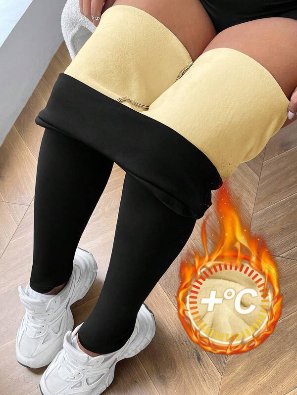 SHEIN EZwear Plus Size Women's High Waist Thick Warm Leggings For Autumn And Winter Thermal