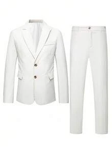 Manfinity Homme Men's Solid Color Lapel Neck Long Sleeve Blazer And Trousers Suit Set