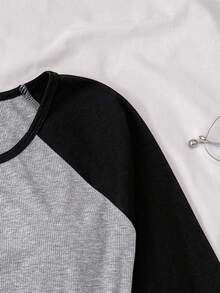 少女撞色针织圆领长袖休闲复古T恤可爱上衣紧身长袖衬衫长袖紧身衬衫上衣可爱黑灰色秋冬 - 灰色 - 查看 3