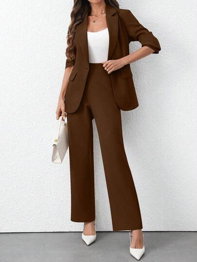EMERY ROSE 女士纯色简约日常长袖西装外套+裤子套装