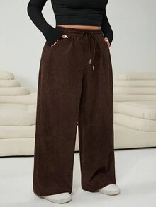 Solflare Relaxed Fit Coffee Brown Corduroy Wide Leg Plus Size Long Pants With Drawstring Waist And Pockets Comfy Pants Brown Pants Corduroy Pants Wide Pants Loose Pants