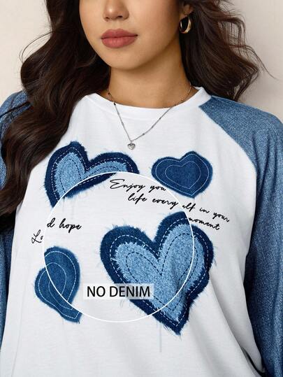 Zelara Plus Size Color Block Heart Print Crew Neck Sweatshirt, Airport Winter Fall School Long Sleeve Tops, Blue And White Comfy Top
