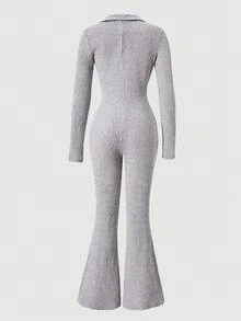 Sparklyn Teen Girl Gray Ribbed Knit Long Sleeve Cardigan Jumpsuit Fall Winter - Grey - View 4