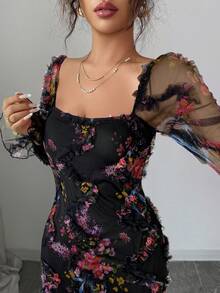 Selianne Women's Elegant Black Floral Print Mesh Long Sleeve Midi Dress,Autumn Ruffle Collar Cinched Waist Party Dress For Weddings,Dates & Outings - Black - View 3