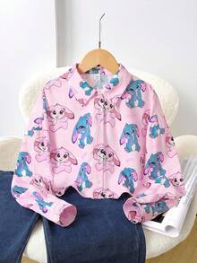SHEIN Tween Girls' Loose Casual Ruched Plaid Long Sleeve Oversized Back To School Cartoon Pattern Shirt - Apricot - View 1