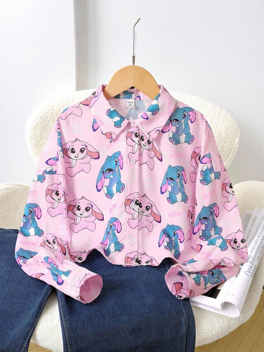 SHEIN Tween Girls' Loose Casual Ruched Plaid Long Sleeve Oversized Back To School Cartoon Pattern Shirt - Apricot - View 1