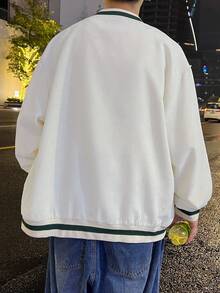 Claim Dot 宽松版型男式字母图案条纹落肩灯芯绒运动夹克，秋冬 - 白色 - 查看 2