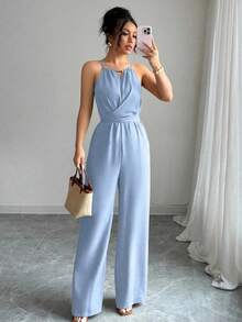 Elenzga 女式春夏休闲卡其色褶皱面料露背领口串珠设计腰部纽扣系带连体裤