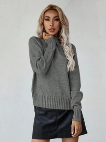 EMERY ROSE Women's Solid Color Stand Collar Raglan Sleeve Casual Pullover Sweater, Autumn - Dark Grey - View 7