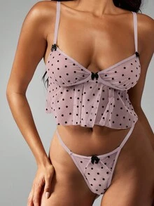 MISSGUIDED 波尔卡圆点网眼娃娃装内衣套装，带荷叶边装饰和蝴蝶结细节，可调节肩带丁字裤，婚礼之夜新娘蜜月 - 紫色 - 查看 1