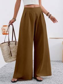 EMERY ROSE Quần ống rộng màu trơn thường ngày cho kỳ nghỉ của phụ nữ - màu nâu - Xem 5