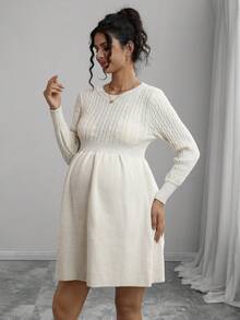 Momance Solid Color Waist Twist Knit Sweater Dress, Maternity Long Sleeve A-Line Knitted Dress For Autumn/Winter - Beige - View 4