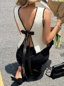 Serisse Elegantes Damen Strickoberteil mit Kontrastbesatz und Bindedetail - Beige - Übersicht 7