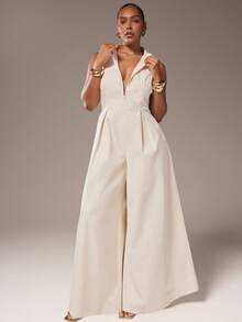 Hauture 超宽腿拉链无袖加大码连体裤 - 杏色 - 查看 1