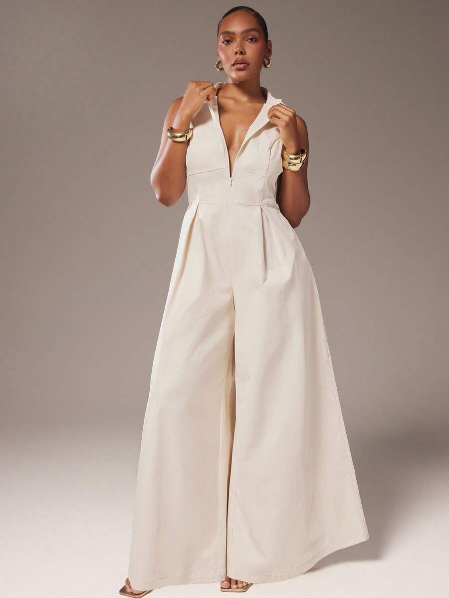 Hauture 超宽腿拉链无袖加大码连体裤 - 杏色 - 查看 1