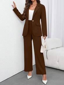 Traje de chaqueta y pantalón de unicolor minimalista de uso diario con manga larga para mujer - Marrón - Ver 4
