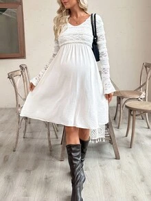SHEIN 蕾丝拼布喇叭袖 V 领中长连衣裙 - 白色 - 查看 2
