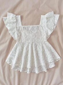 SHEIN 少女夏日阳光甜美休闲舒适荷叶边袖提花针织T恤，家居服，可爱，适合派对、情人节 - 杏色 - 查看 2