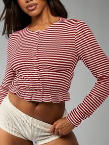 MISSGUIDED Ruched Crop Button Up Top Long Sleeve Casual Fitted Peplum Waist Holiday Resort Beach Travel Classic Striped Spring Summer Top Christmas - Burgundy - View 5