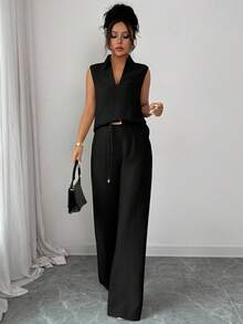 Rafferiza 2pcs/Set Women's Fashionable Casual V-Neck Sleeveless Top And Loose Distinctive Belt Decor Straight Leg Pants, Spring/Summer - Black - View 4