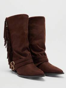 Solezae 女士迷人性感尖头仿麂皮粗跟中筒休闲靴 - 巧克力棕 - 查看 7