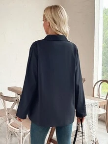 SHEIN بليزر أنيق أحادي اللون بأكمام طويلة وأزرار مزدوجة - رمادي - مشاهدة 3