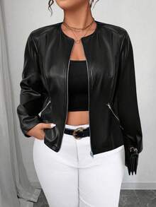 Elenzga 大码纯色前拉链长袖休闲夹克 - 黑色 - 查看 5