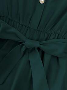 Franclia Elegant French Style High-End Vacation & Commute Versatile Round Neck Flutter Sleeve Elastic Waist Pearl Button Decor Comfortable Soft Non-Stretch Apricot Women's Mid-Length Dress, Spring/Summer