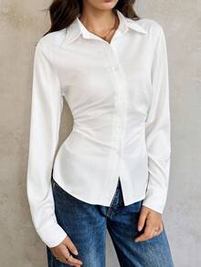 SHEIN LUNE 女式新款时尚百搭通勤缎面褶皱腰修身纽扣长袖衬衫 - 白色 - 查看 6
