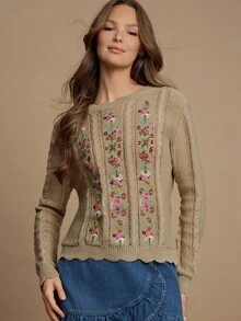 WESTFADE Mixed Stitch Round Neck Relaxed Fit Country Western Floral Embroidered Cable Knit Sweater Cute Fall Boho Top - Apricot - View 5