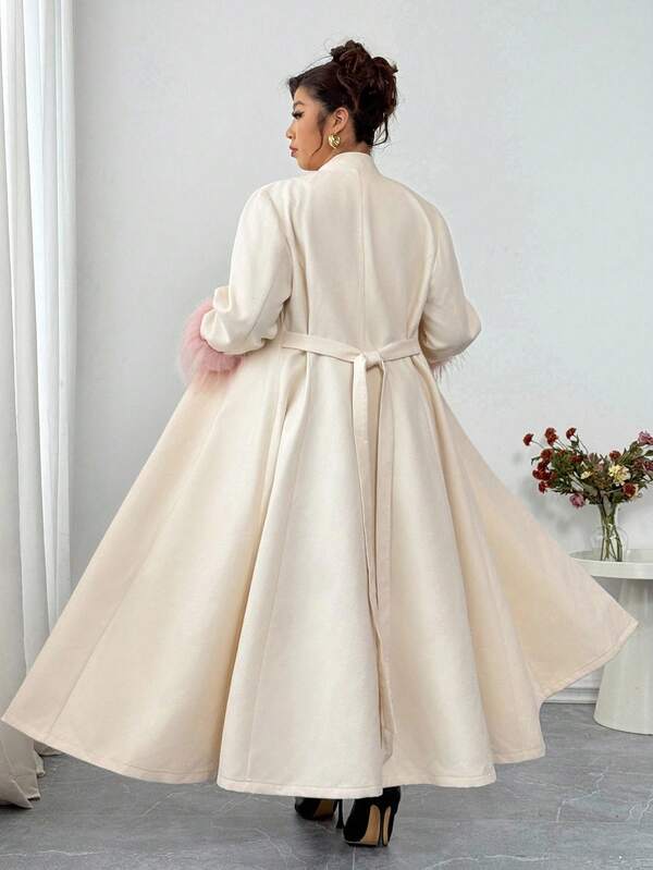 Elenzga Plus Size Women Overcoat, Long Sleeve, Stand Collar, Flared Hem, A-Line Silhouette, Slimming, Apricot