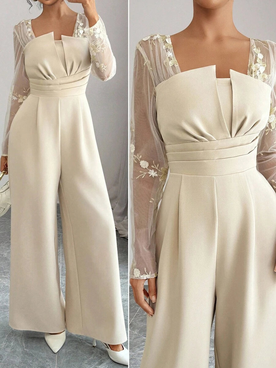 Elenzga 女式花卉刺绣网眼拼布长袖褶皱腰阔腿优雅连体裤 - 杏色 - 查看 1