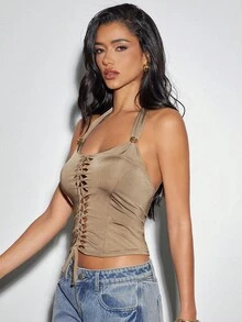 Denimoi Cut Out Lace Up Halter Top Sexy Top Clubwear Clubbing GNO Fashionable - màu nâu - Xem 4