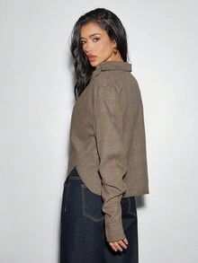 Denimoi 千鸟格格子低胸领口不对称下摆长袖衬衫，时尚上衣 - 咖啡棕 - 查看 4