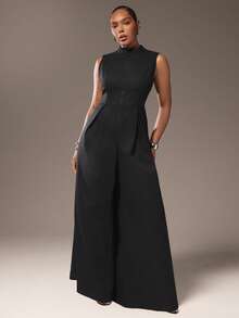 Hauture 超宽腿拉链前无袖加大码黑色连体裤 - 黑色 - 查看 4
