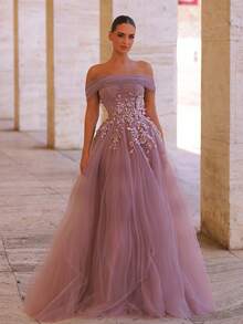 Glamrae Váy maxi trễ vai thêu ren và lưới bồng bềnh sang trọng thanh lịch, thích hợp cho đám cưới, tiệc tùng, kỳ nghỉ, vũ hội, sự kiện trang trọng (trang trí đậm) - Màu tím - Xem 5