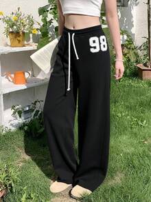 TEENGIRL 黑色低腰运动裤，休闲数字印花街头风格长裤，适合所有季节 - 黑色 - 查看 5