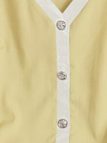 Franclia Plus Size Women's Woven Contrast Color Block V-Neck Short Sleeve Cardigan Shirt & Elastic Waist Straight Leg Pants 2 Pieces Set, Elegant & Romantic - Yellow - View 4