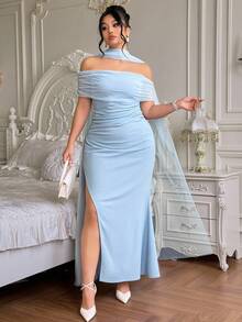 Roveilla 大码女士优雅露肩开衩修身浪漫露背派对连衣裙，适合圣诞派对、正式场合