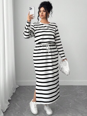 Elenzga 大码女式条纹印花圆领休闲长袖连衣裙