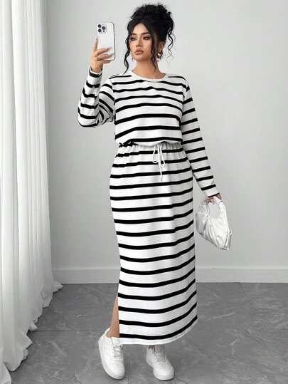 Elenzga 大码女式条纹印花圆领休闲长袖连衣裙