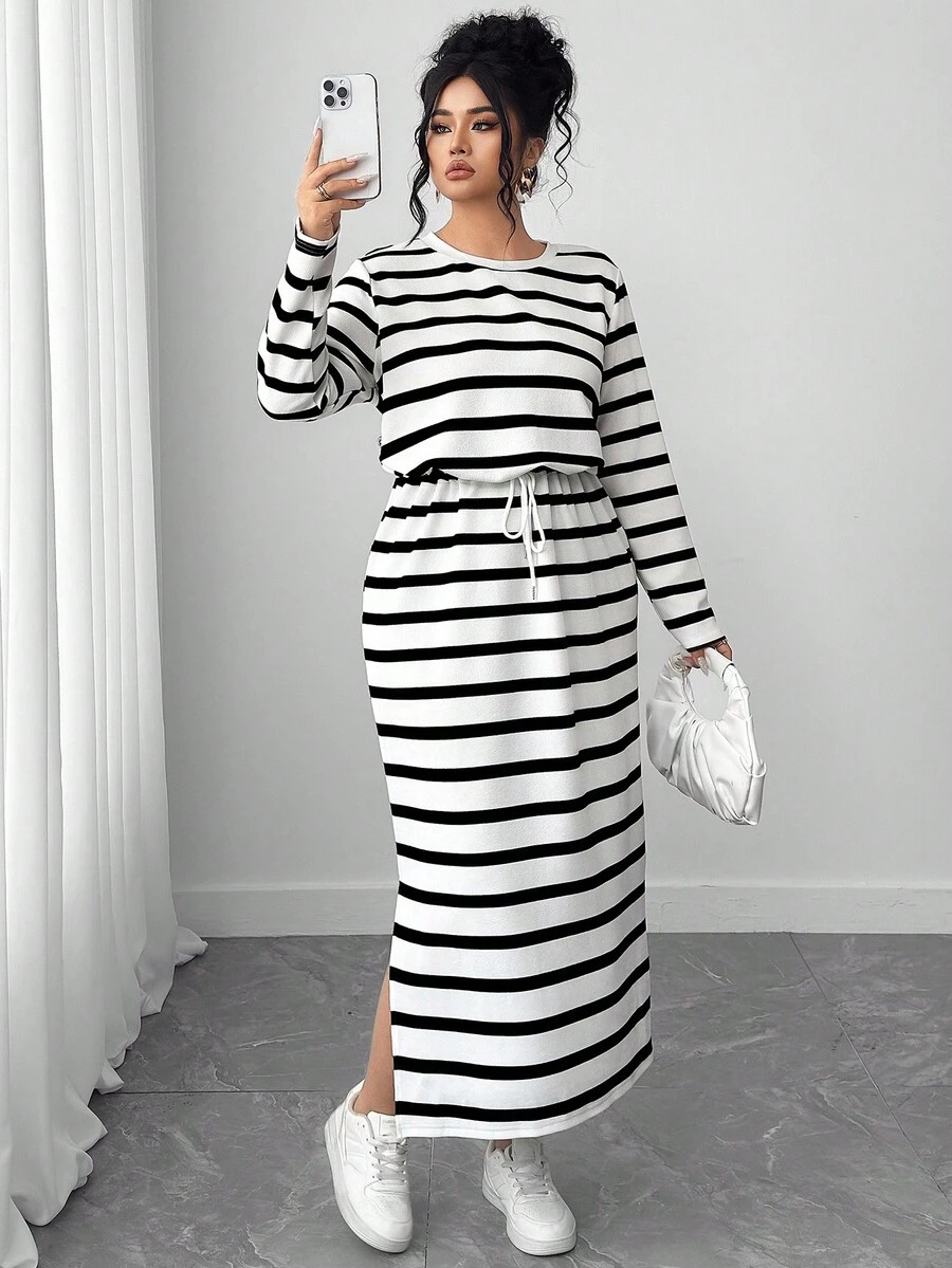 Elenzga 大码女式条纹印花圆领休闲长袖连衣裙 - 黑與白 - 查看 1