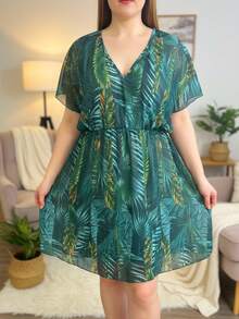 Swim Lushoire Plus Size V-Neck Plant Printed Batwing Sleeve Cover-Up, Suitable For Wearing On Beach Vacation And Swimming Pool,Summer Beach - Multicolor - View 4